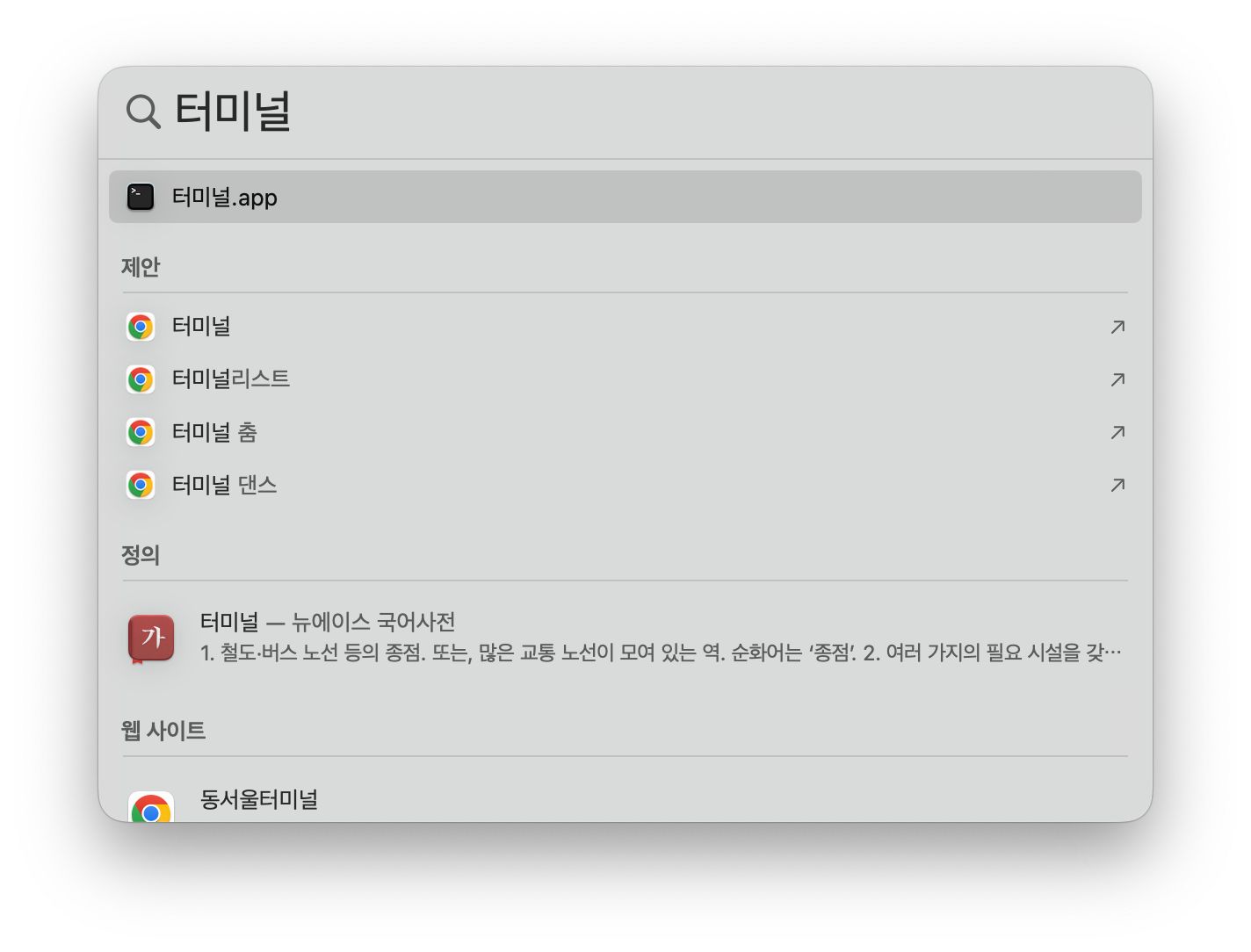 스포트라이트에 터미널을 입력한 화면
